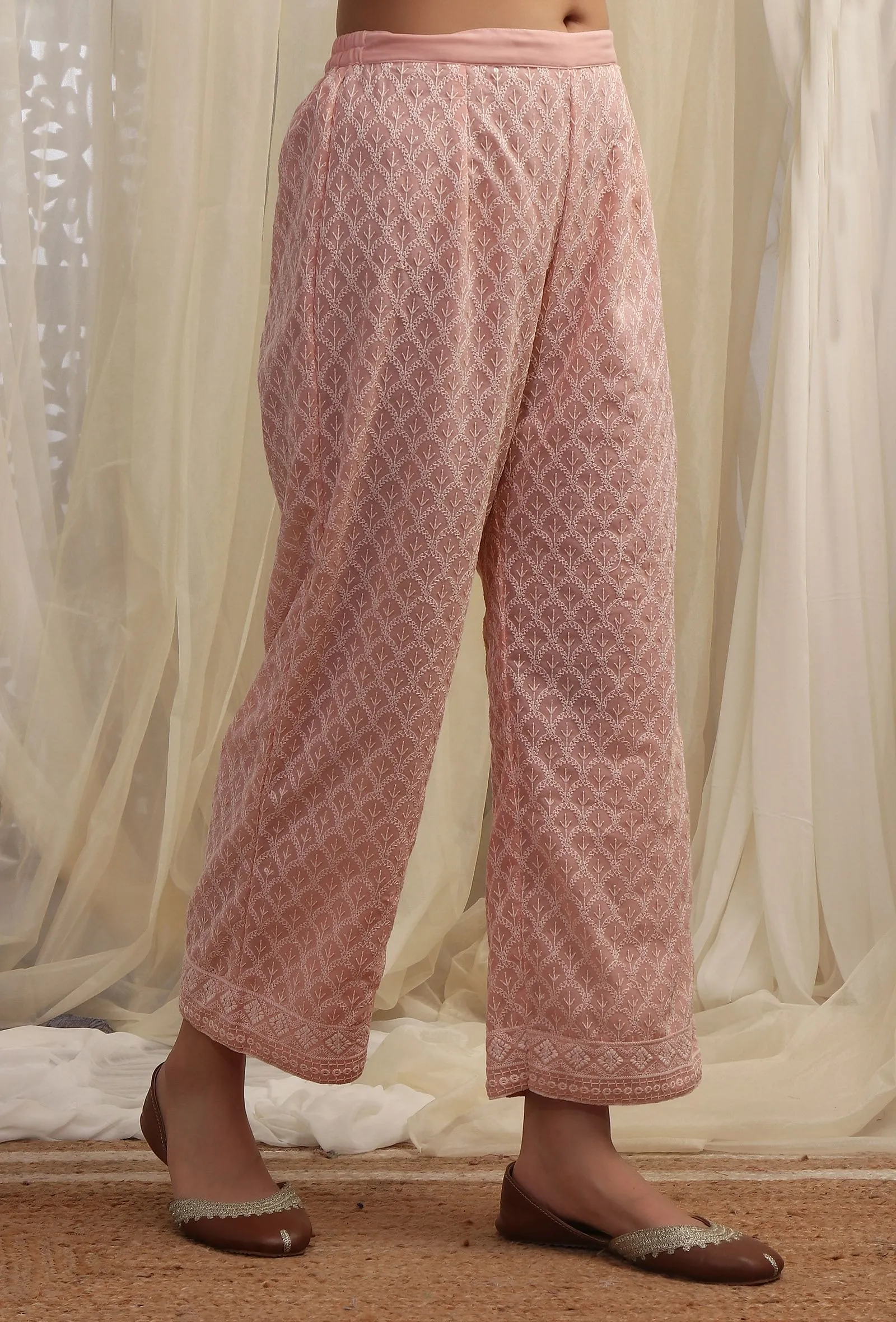 Bermuda Peach Straight Pants With Sequin Embroidery