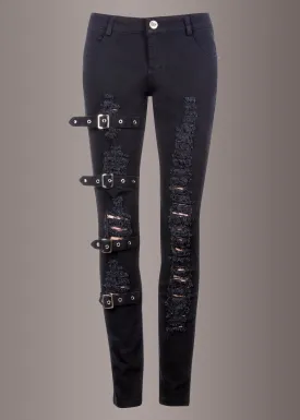 Black Denim Ripped Skinny Jeans with Buckles