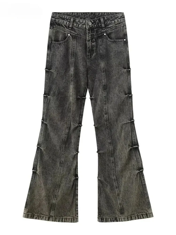 Black Flared Jeans Women Fashion Baggy Pleated Wide Leg Denim Pants Y2k High Waist Pants
