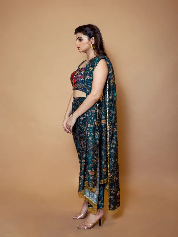 Blue Floral Printed Bralette with Cigarette Pants and Dupatta (Set of 3)