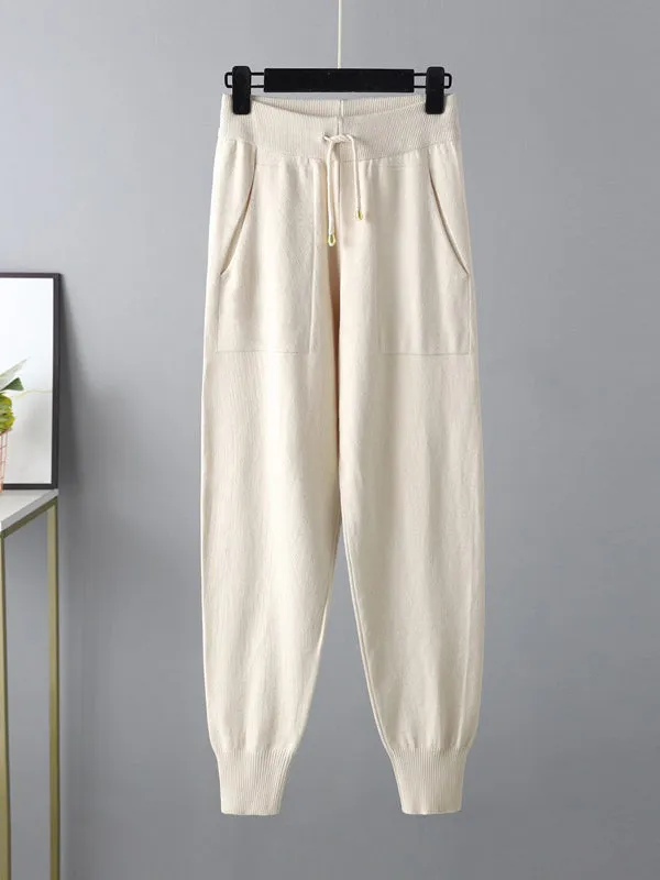 Casual Loose Harem Pants Solid Color V-Neck Sweater Tops Pants Two Pieces Set