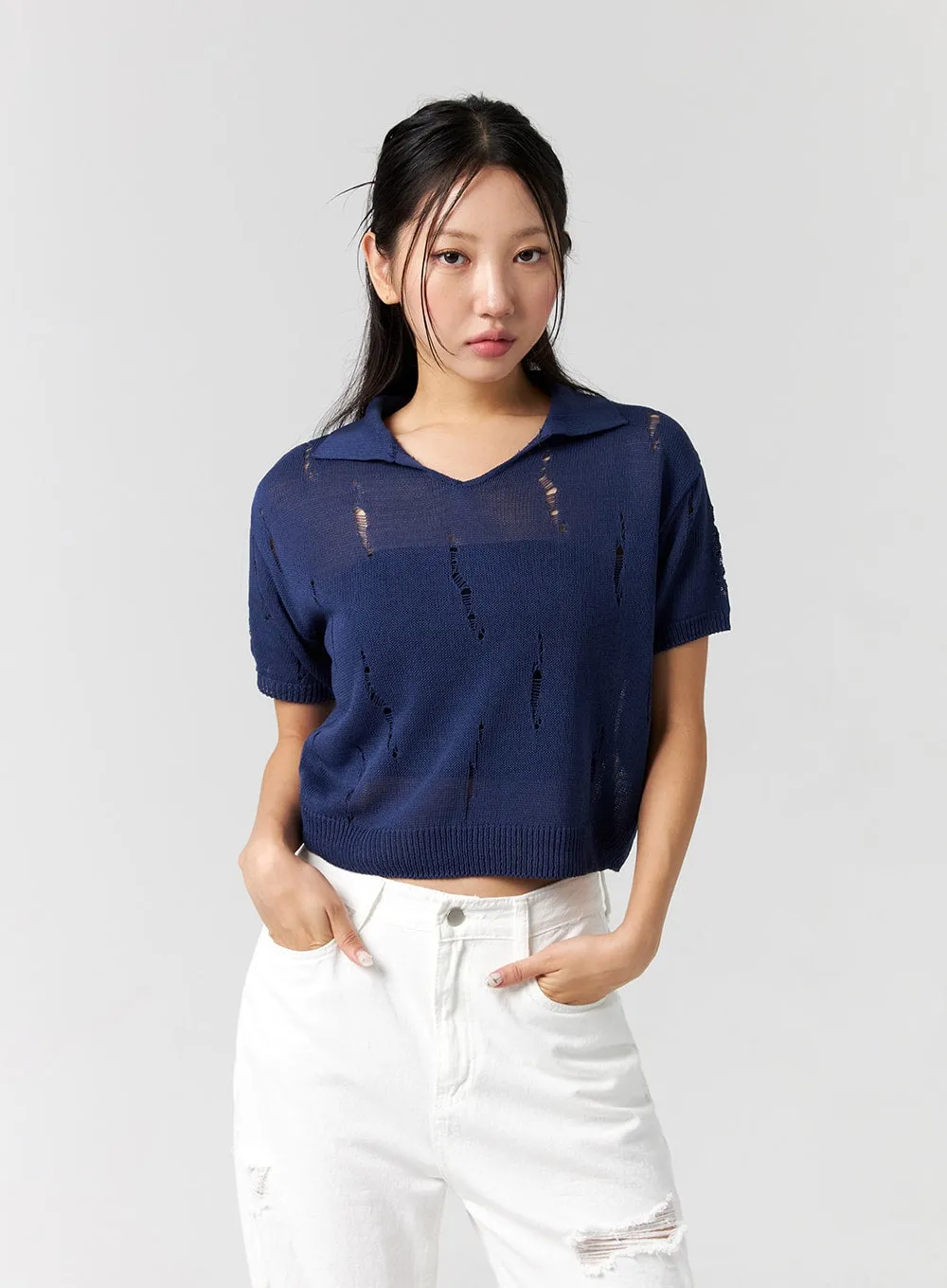 Collared Ripped Short Sleeve Top CG310