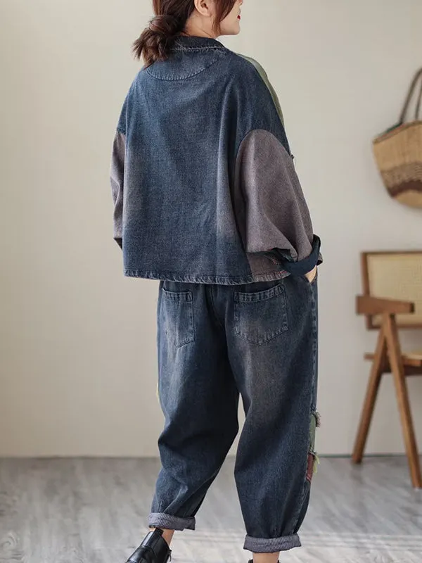 Contrast Color Fringed Split-Joint Long Sleeves Printed Outwear   Harem Pants  Two Pieces Set