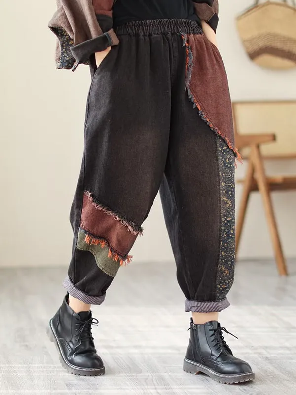 Contrast Color Fringed Split-Joint Long Sleeves Printed Outwear   Harem Pants  Two Pieces Set
