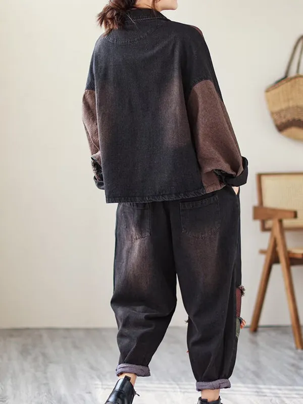 Contrast Color Fringed Split-Joint Long Sleeves Printed Outwear   Harem Pants  Two Pieces Set