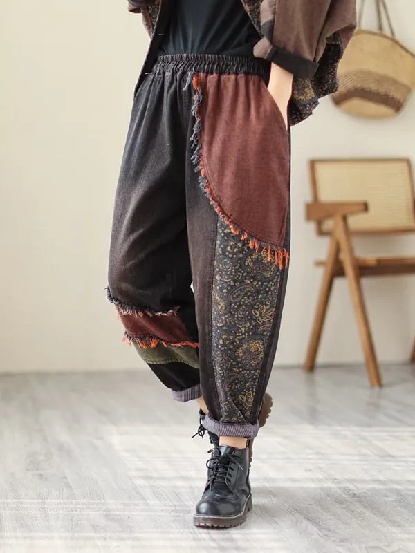 Contrast Color Fringed Split-Joint Long Sleeves Printed Outwear   Harem Pants  Two Pieces Set