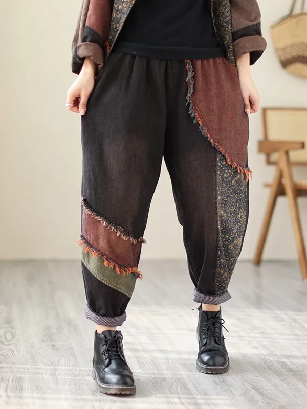 Contrast Color Fringed Split-Joint Long Sleeves Printed Outwear   Harem Pants  Two Pieces Set