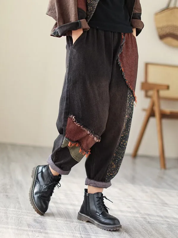 Contrast Color Fringed Split-Joint Long Sleeves Printed Outwear   Harem Pants  Two Pieces Set
