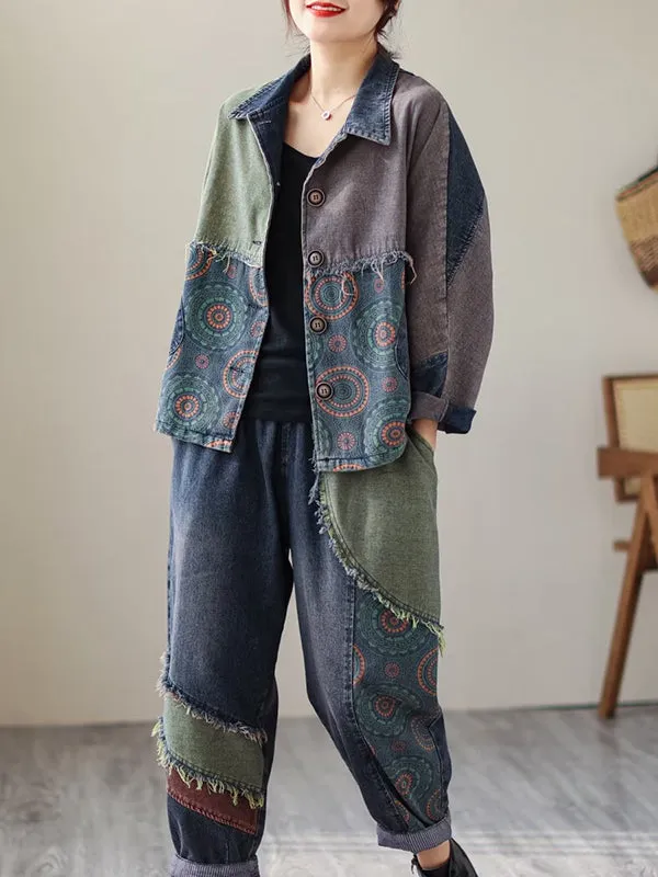 Contrast Color Fringed Split-Joint Long Sleeves Printed Outwear   Harem Pants  Two Pieces Set
