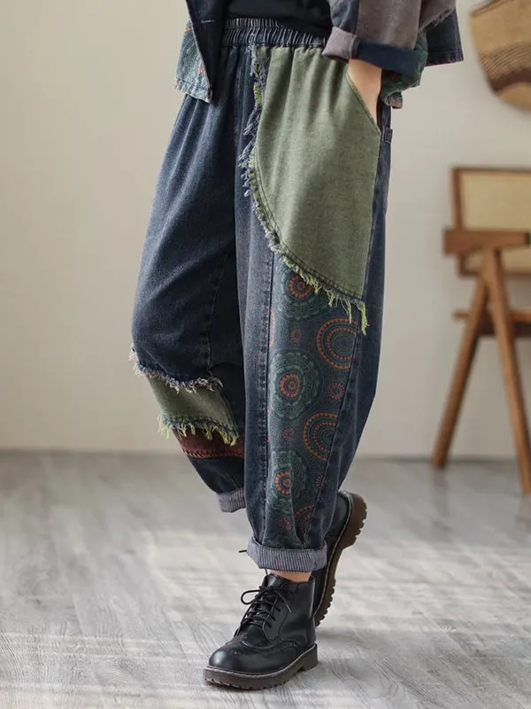 Contrast Color Fringed Split-Joint Long Sleeves Printed Outwear   Harem Pants  Two Pieces Set