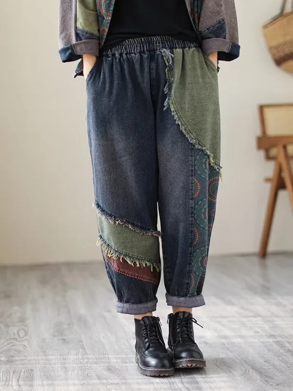Contrast Color Fringed Split-Joint Long Sleeves Printed Outwear   Harem Pants  Two Pieces Set