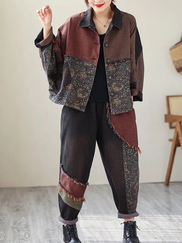 Contrast Color Fringed Split-Joint Long Sleeves Printed Outwear   Harem Pants  Two Pieces Set