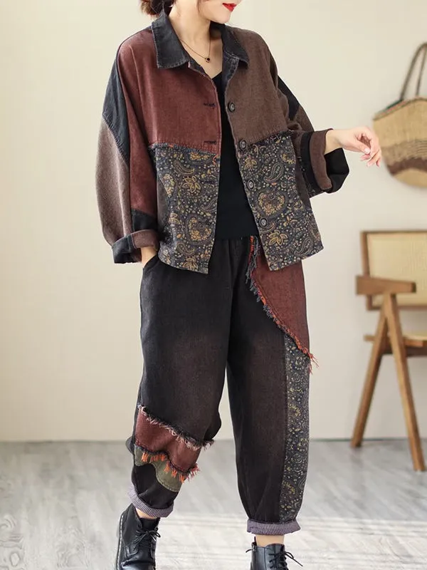 Contrast Color Fringed Split-Joint Long Sleeves Printed Outwear   Harem Pants  Two Pieces Set