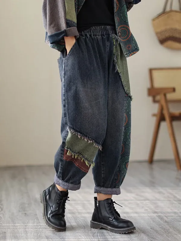 Contrast Color Fringed Split-Joint Long Sleeves Printed Outwear   Harem Pants  Two Pieces Set