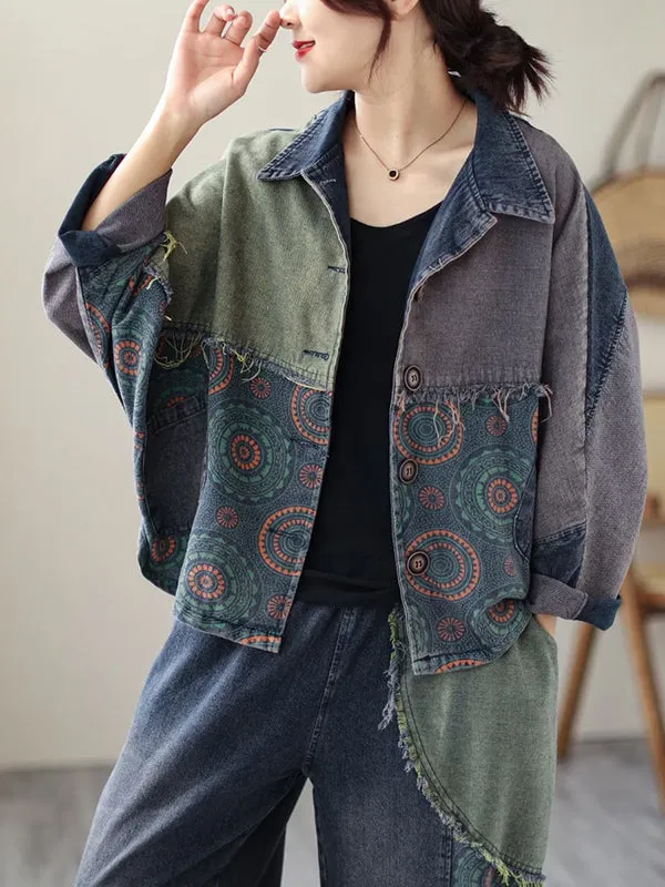 Contrast Color Fringed Split-Joint Long Sleeves Printed Outwear   Harem Pants  Two Pieces Set