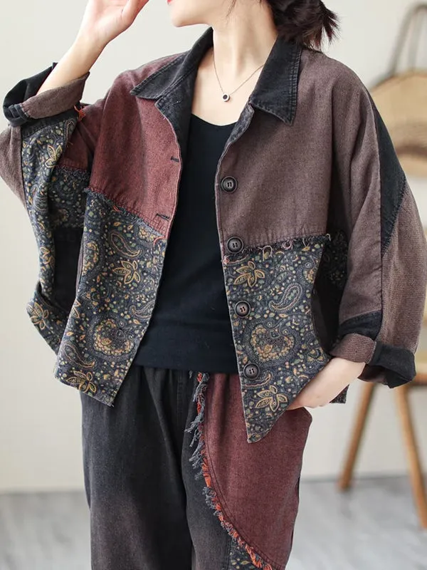 Contrast Color Fringed Split-Joint Long Sleeves Printed Outwear   Harem Pants  Two Pieces Set