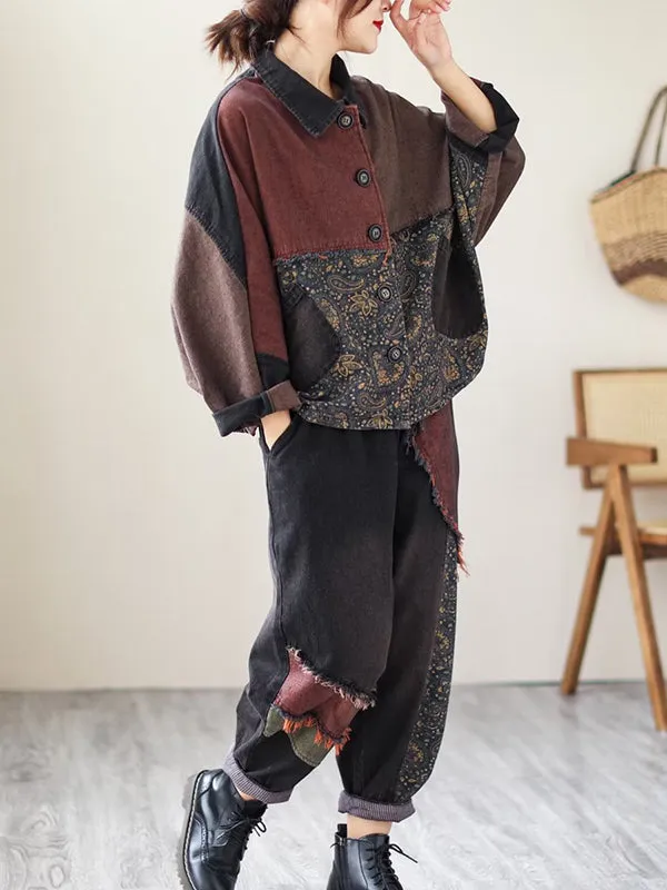 Contrast Color Fringed Split-Joint Long Sleeves Printed Outwear   Harem Pants  Two Pieces Set