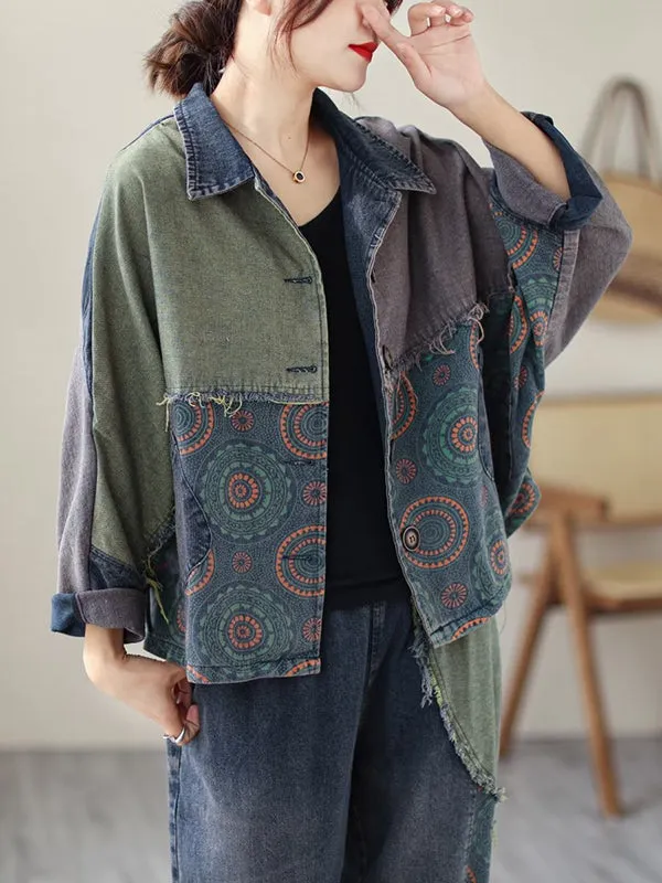 Contrast Color Fringed Split-Joint Long Sleeves Printed Outwear   Harem Pants  Two Pieces Set