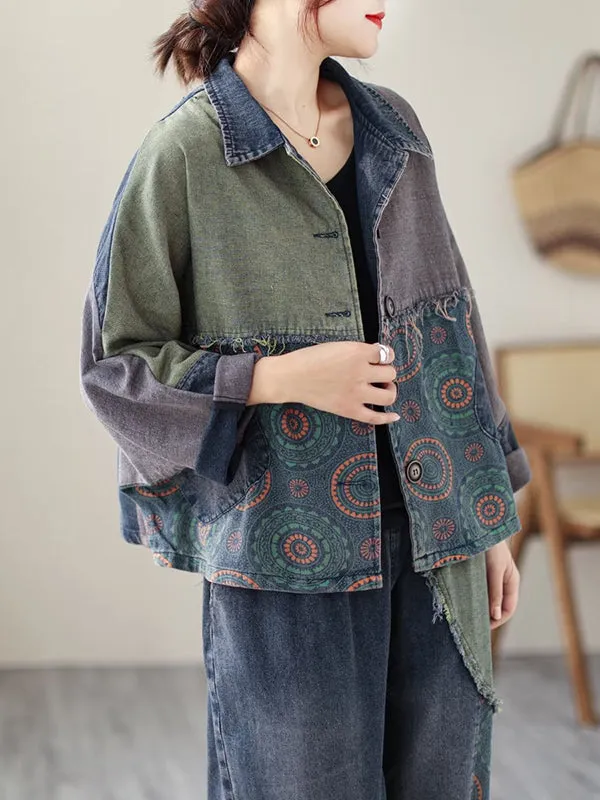 Contrast Color Fringed Split-Joint Long Sleeves Printed Outwear   Harem Pants  Two Pieces Set