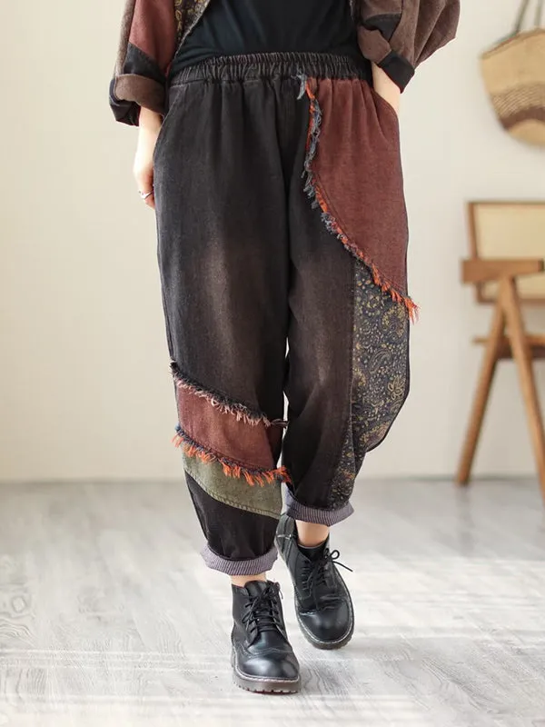 Contrast Color Fringed Split-Joint Long Sleeves Printed Outwear   Harem Pants  Two Pieces Set