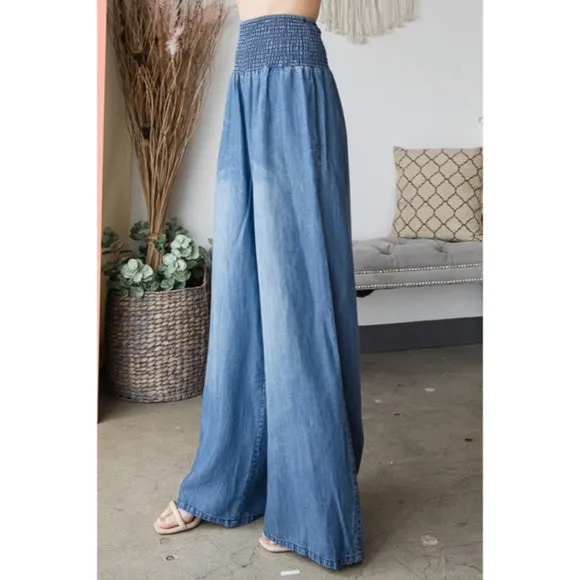 Denim Blue Washed Wide Palazzo Leg Tencel Casual Smocked High Waist Pants