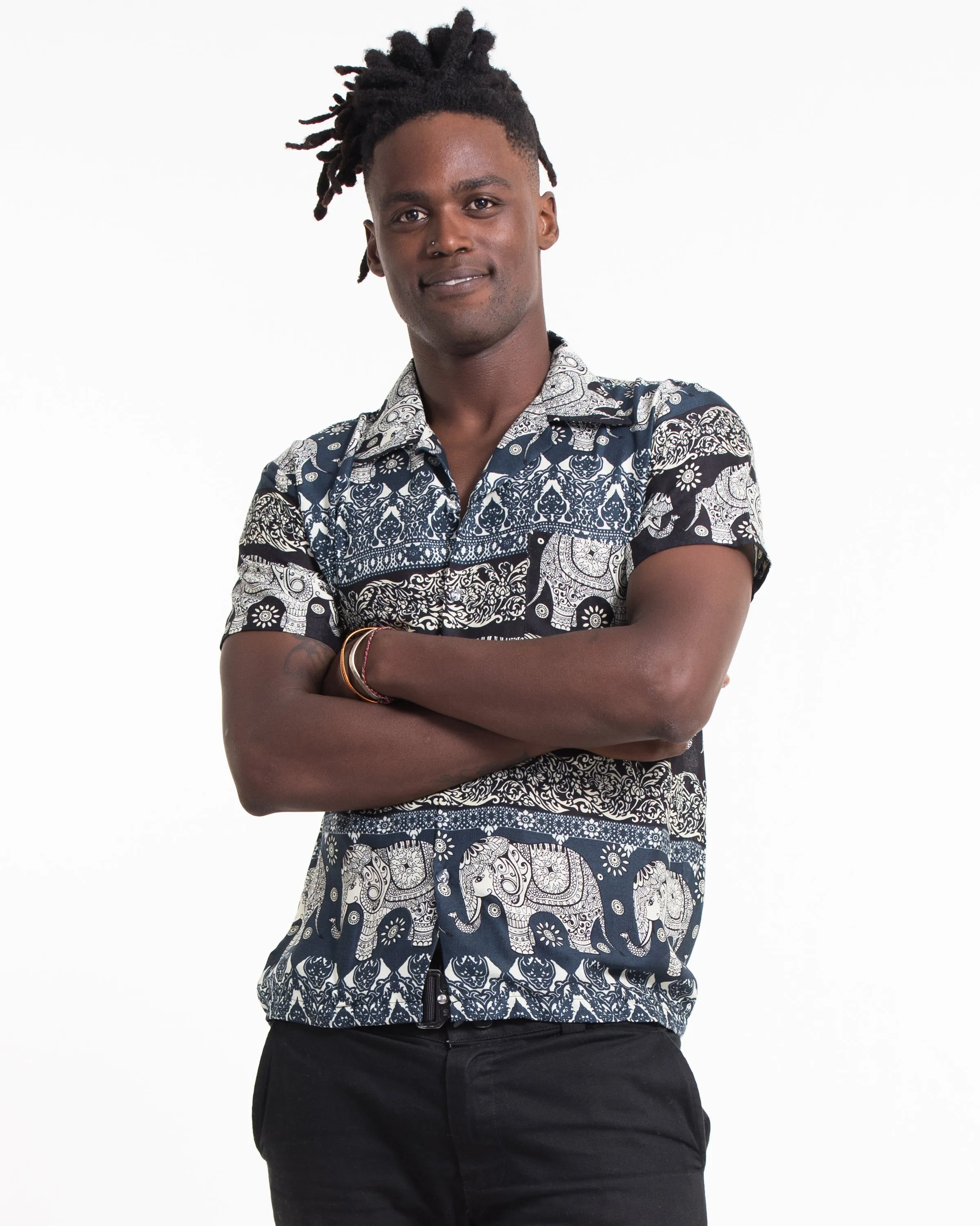 Divine Elephant Short Sleeve Button Shirt in Navy