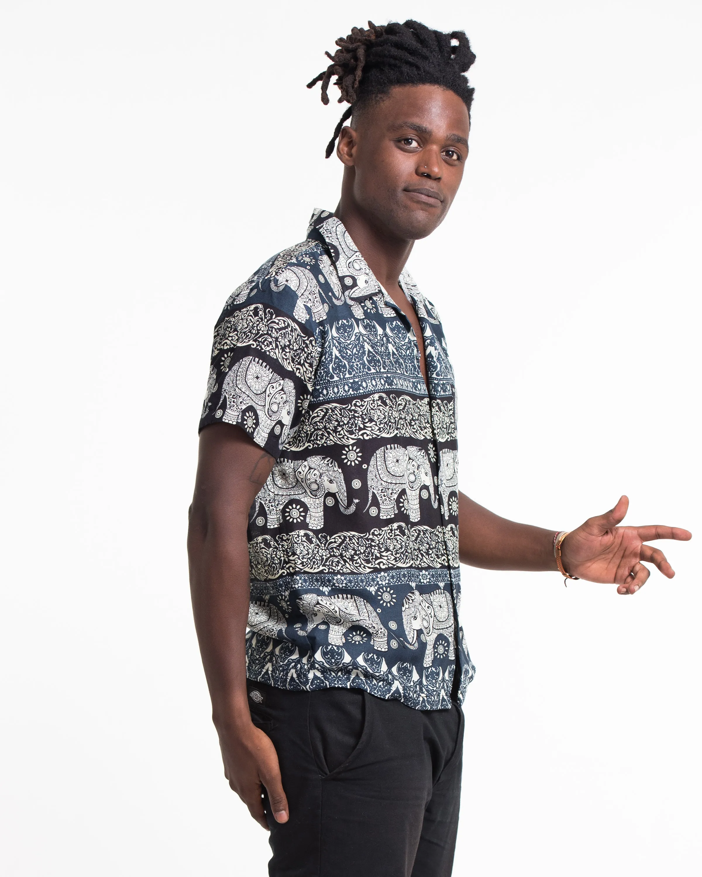 Divine Elephant Short Sleeve Button Shirt in Navy