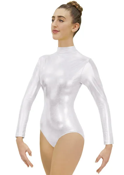 Eurotard 19131 Womens Metallic Mock Neck Long Sleeve Leotard With Zipper Back