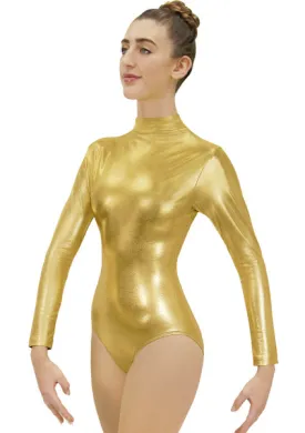 Eurotard 19131 Womens Metallic Mock Neck Long Sleeve Leotard With Zipper Back