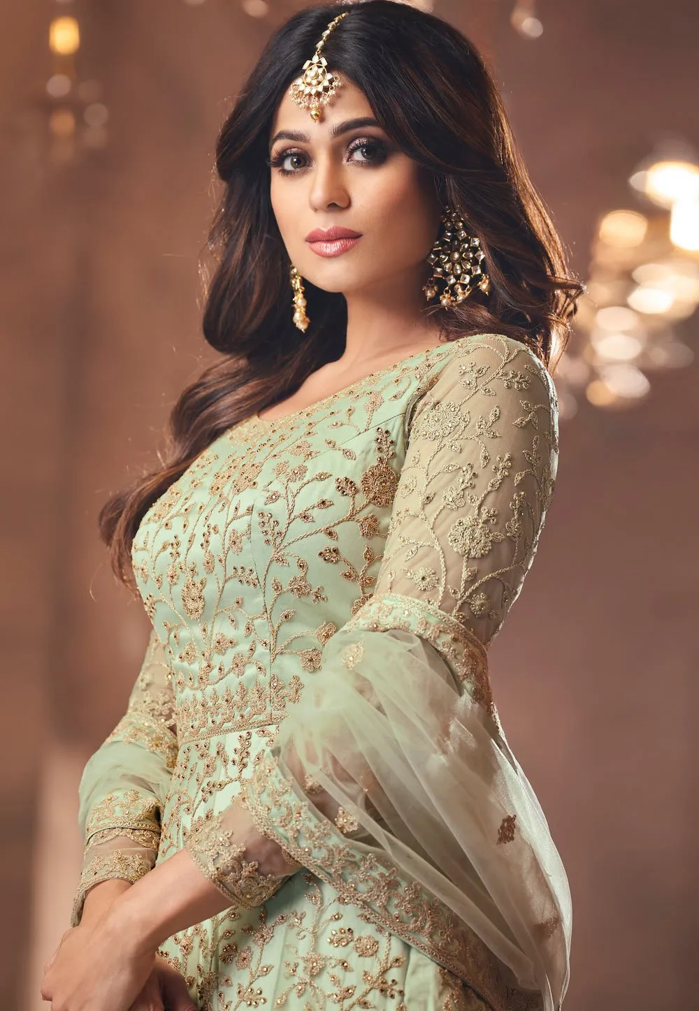 Fetching Green Shamita Shetty Net Floor Length Anarkali Suit