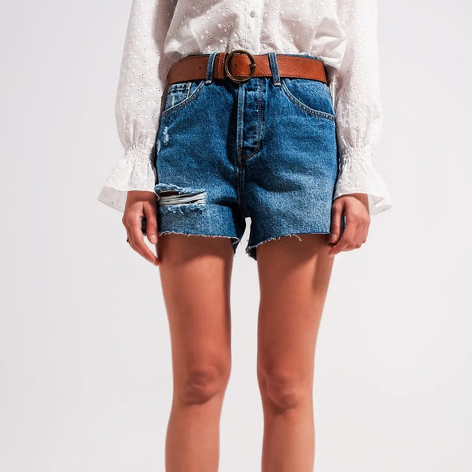 High Waisted Ripped Denim Shorts in Mid Wash