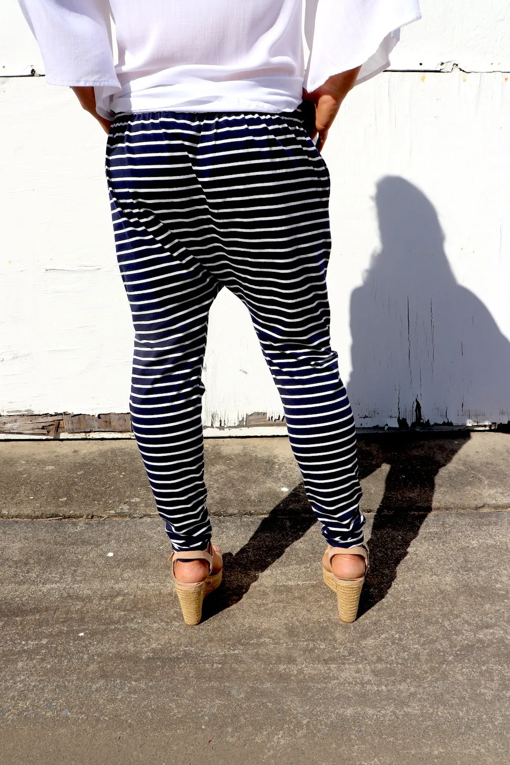Jersey Droppy Pants In Navy & White Stripe