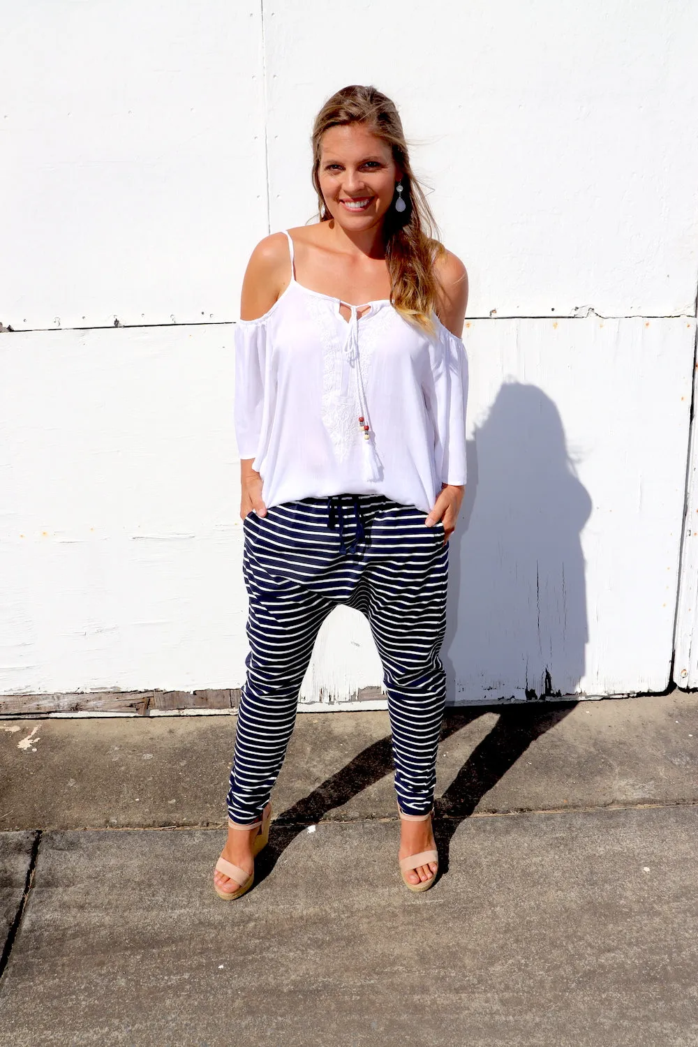 Jersey Droppy Pants In Navy & White Stripe
