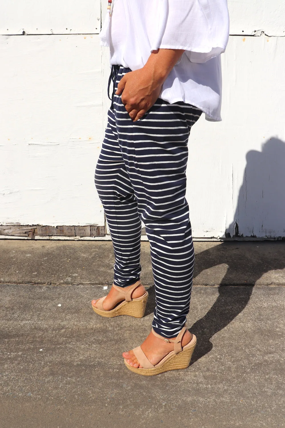 Jersey Droppy Pants In Navy & White Stripe