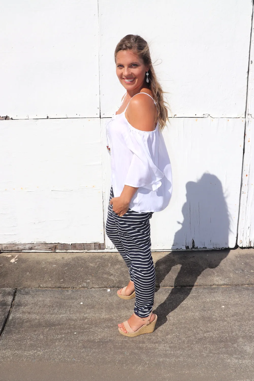 Jersey Droppy Pants In Navy & White Stripe