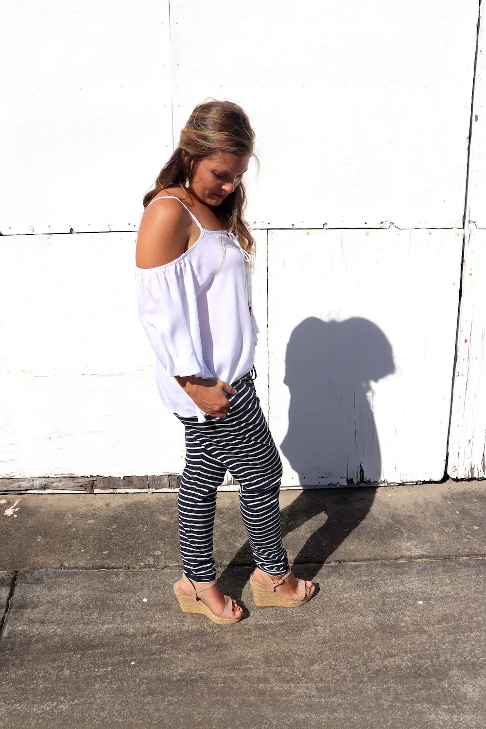 Jersey Droppy Pants In Navy & White Stripe