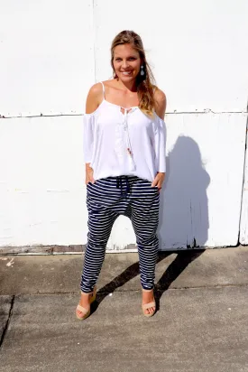 Jersey Droppy Pants In Navy & White Stripe