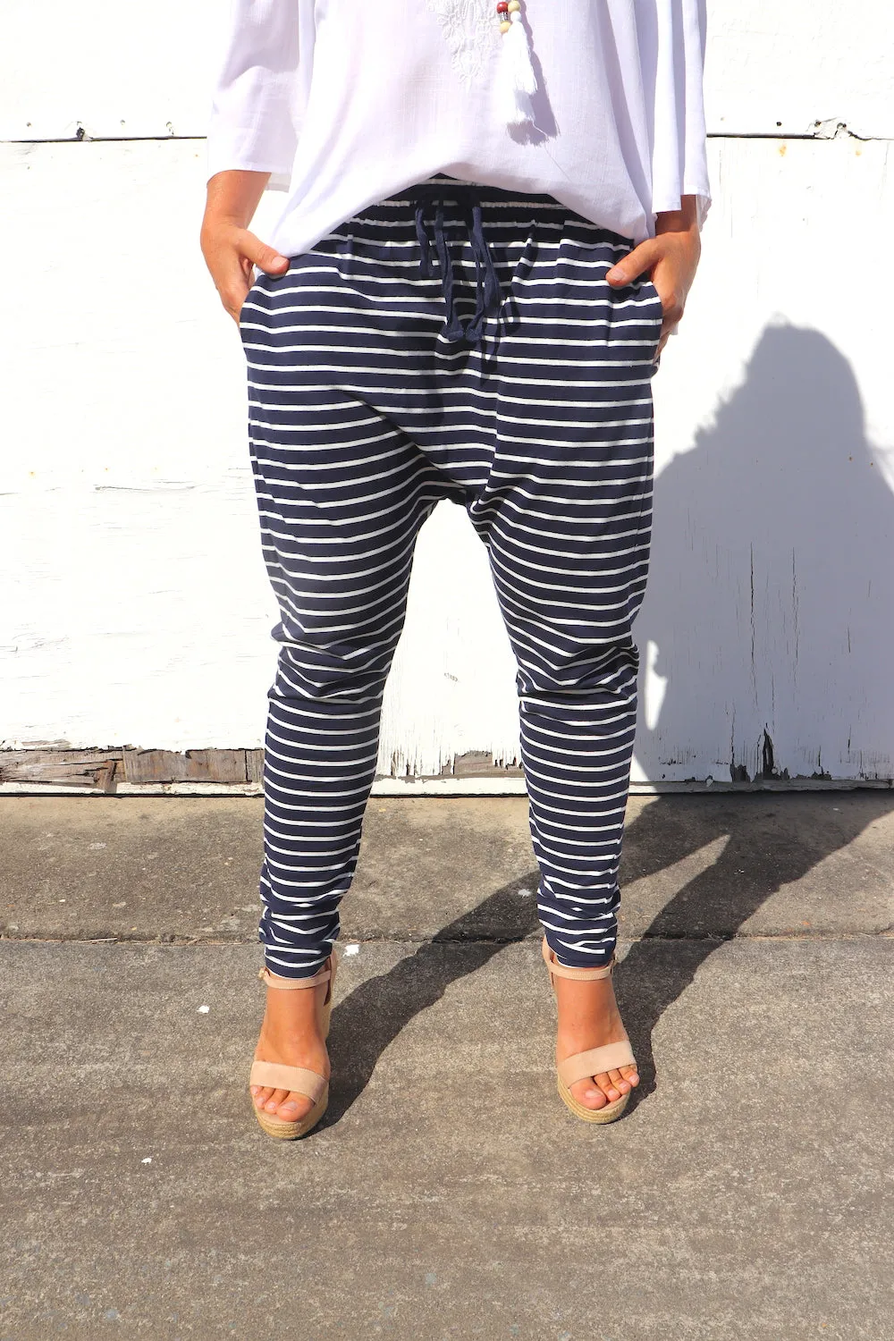 Jersey Droppy Pants In Navy & White Stripe