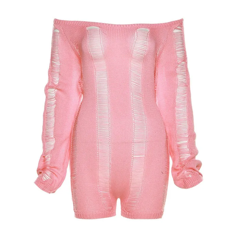 Knitted Slim Fitting Jumpsuit off-Shoulder Hollow-out Ripped Open Back Knitting Jumpsuit Women