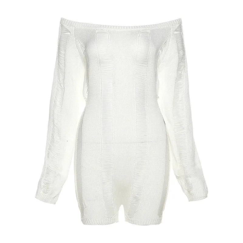 Knitted Slim Fitting Jumpsuit off-Shoulder Hollow-out Ripped Open Back Knitting Jumpsuit Women