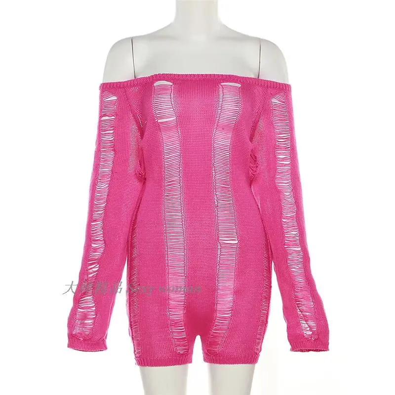 Knitted Slim Fitting Jumpsuit off-Shoulder Hollow-out Ripped Open Back Knitting Jumpsuit Women