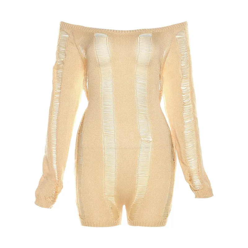 Knitted Slim Fitting Jumpsuit off-Shoulder Hollow-out Ripped Open Back Knitting Jumpsuit Women