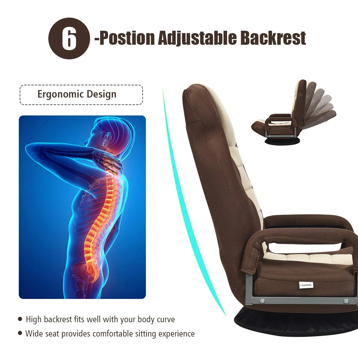 KOMFOTT 360-Degree Foldable Swivel Gaming Floor Chair With 6 Adjustable Position, Armrests, Padded Backrest
