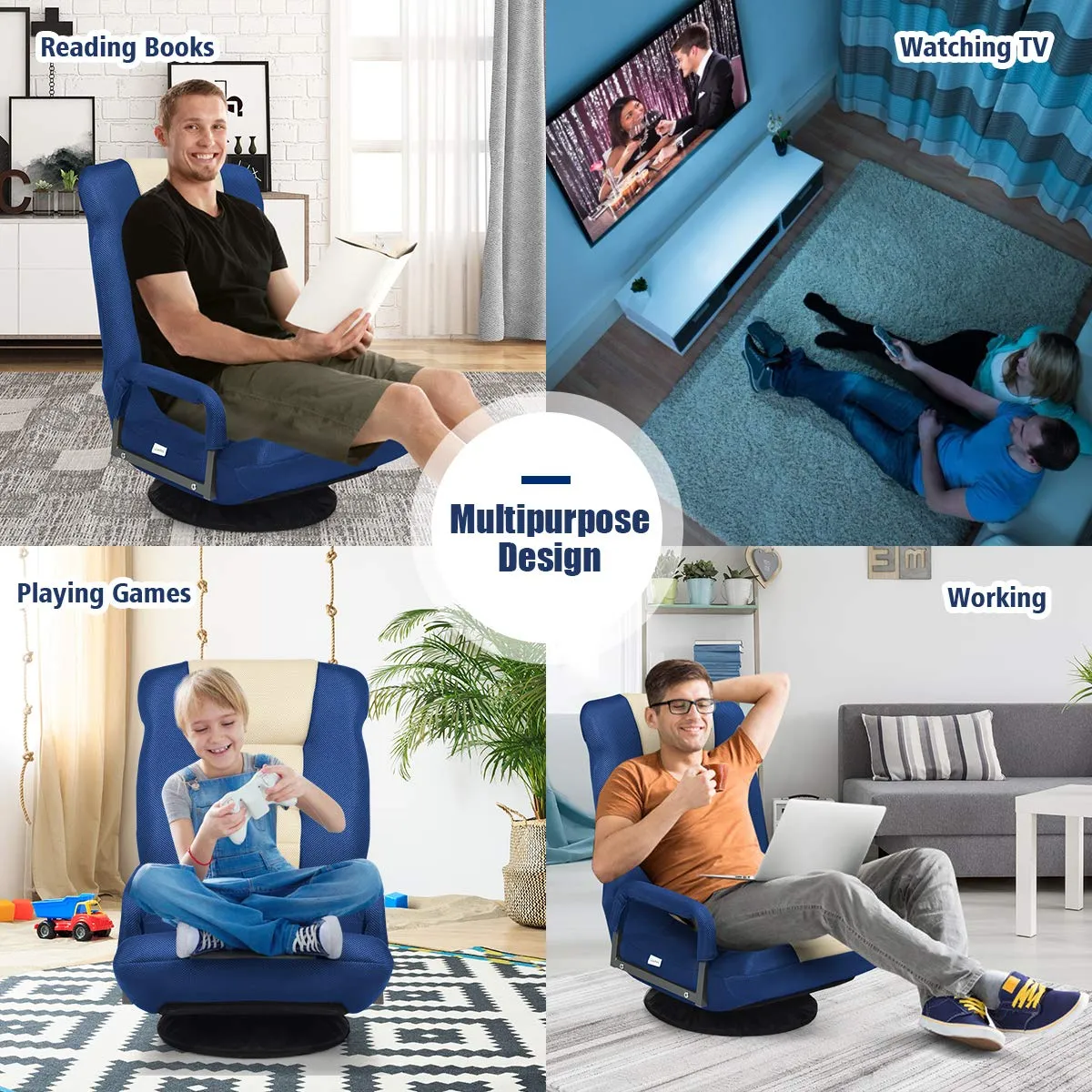 KOMFOTT 360-Degree Foldable Swivel Gaming Floor Chair With 6 Adjustable Position, Armrests, Padded Backrest