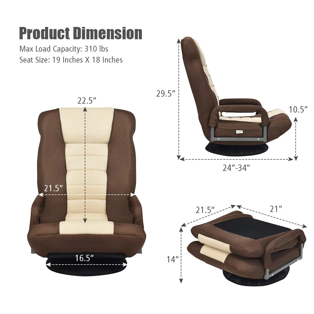 KOMFOTT 360-Degree Foldable Swivel Gaming Floor Chair With 6 Adjustable Position, Armrests, Padded Backrest