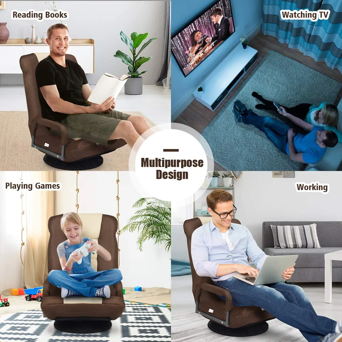 KOMFOTT 360-Degree Foldable Swivel Gaming Floor Chair With 6 Adjustable Position, Armrests, Padded Backrest