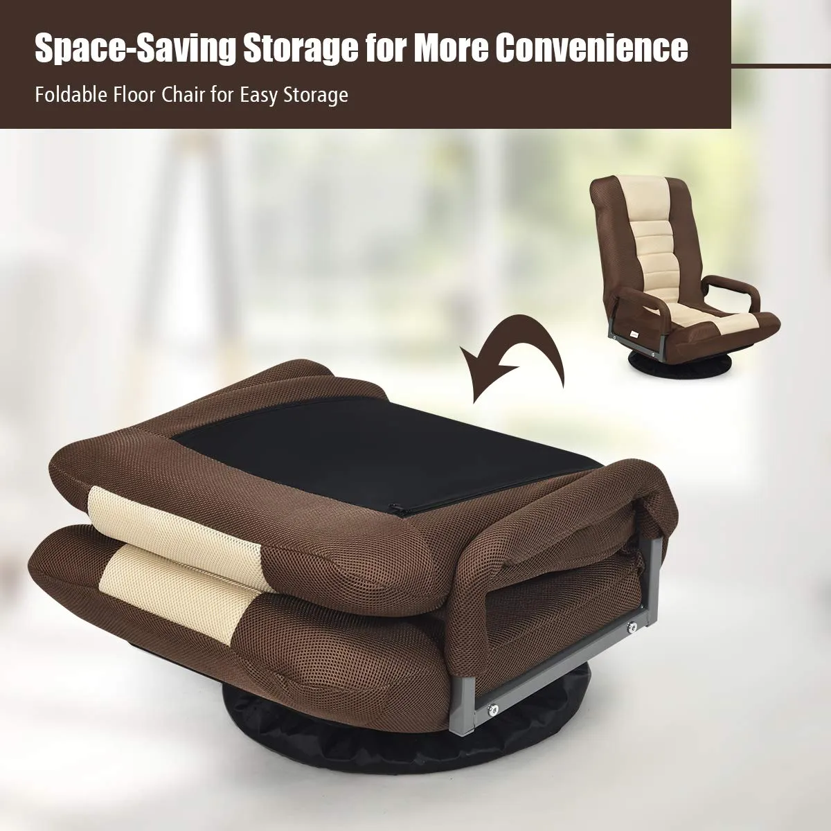 KOMFOTT 360-Degree Foldable Swivel Gaming Floor Chair With 6 Adjustable Position, Armrests, Padded Backrest