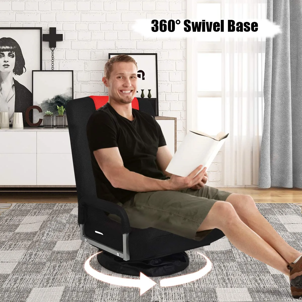 KOMFOTT 360-Degree Foldable Swivel Gaming Floor Chair With 6 Adjustable Position, Armrests, Padded Backrest