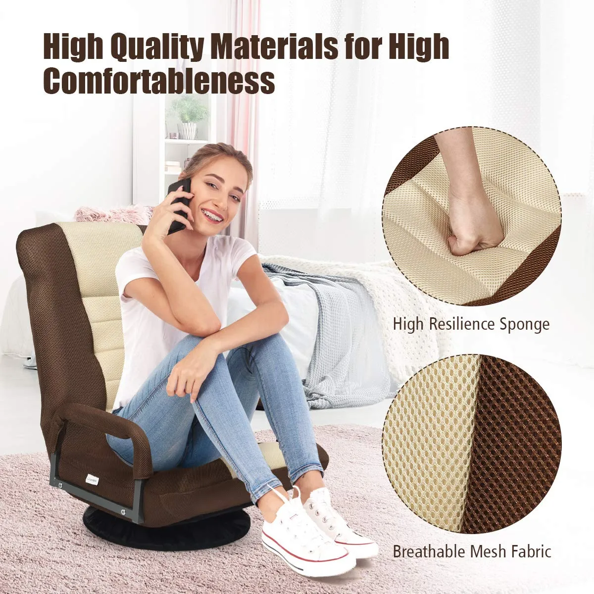 KOMFOTT 360-Degree Foldable Swivel Gaming Floor Chair With 6 Adjustable Position, Armrests, Padded Backrest