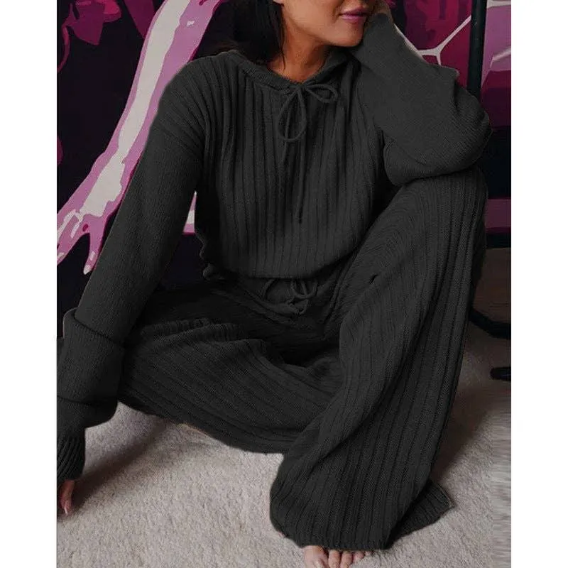Ladies Solid Long Sleeves Top Long Pants Set OM9436